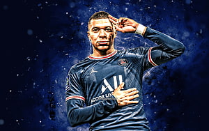 Kylian Mbappé in Paris Saint-Germain Kit Performing Signature Celebration Pose HD wallpaper