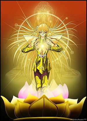 Saint Seiya Virgo Shaka in Golden Cloth Meditating on a Lotus with Buddha Aura HD phone wallpaper