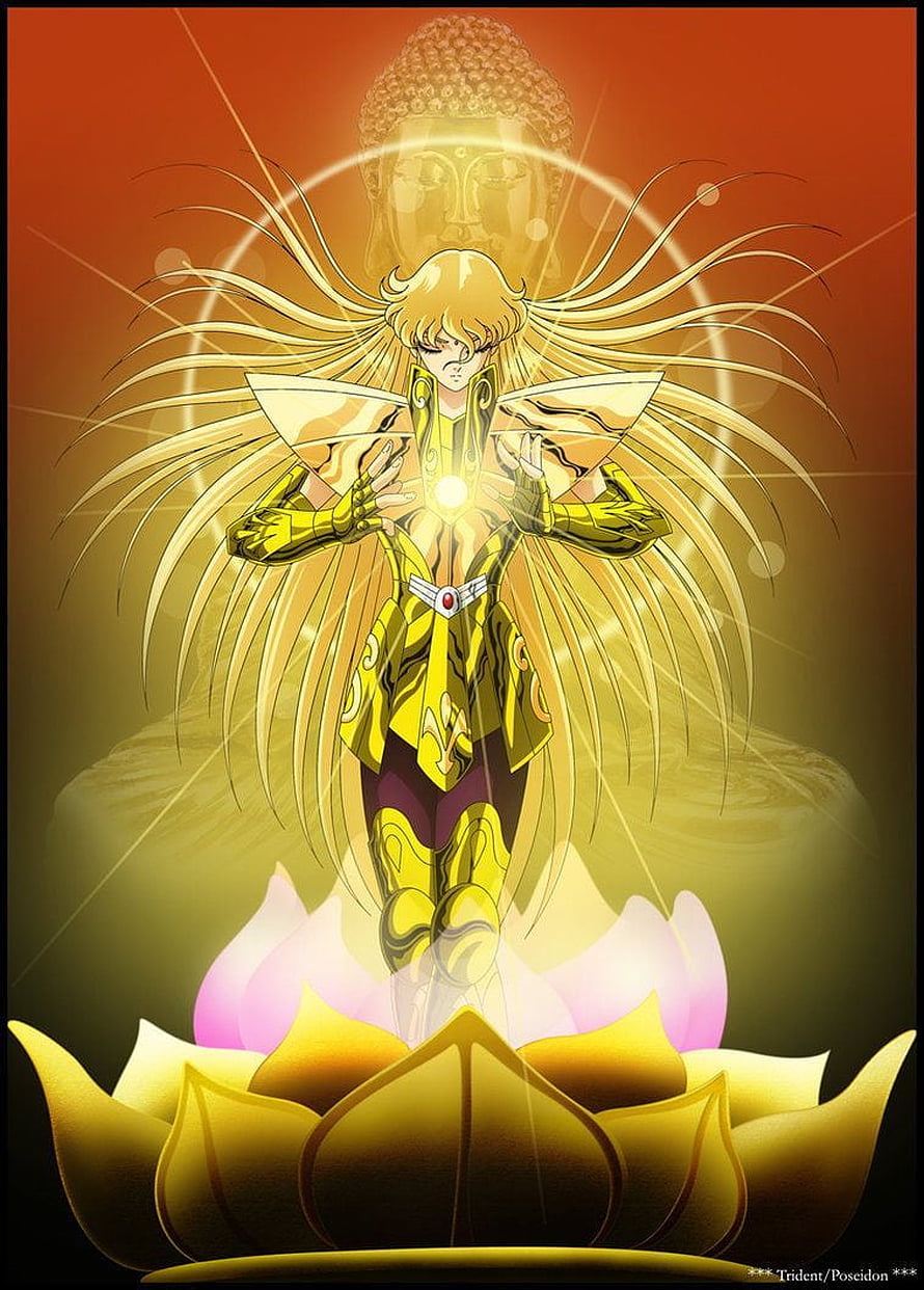 Saint Seiya Virgo Shaka in Golden Cloth Meditating on a Lotus with Buddha Aura HD phone wallpaper