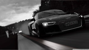 Audi R8 Black Sportscar on Wet Road in Dramatic Monochrome Style HD wallpaper