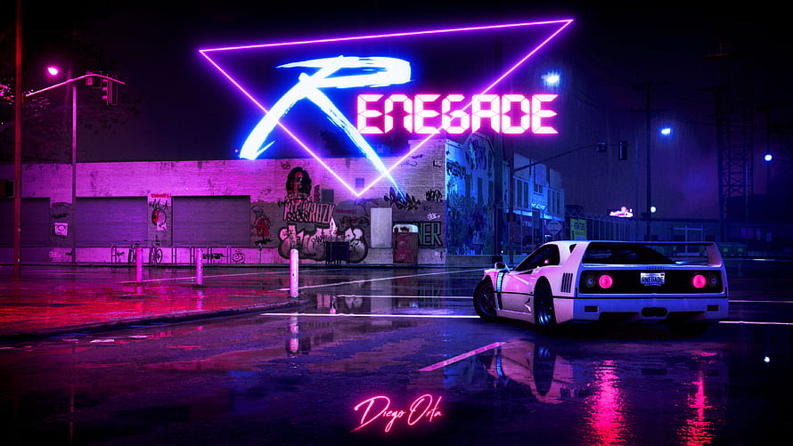 Renegade Neon Sign Over White Sports Car in Rainy Cyberpunk Street Scene HD wallpaper