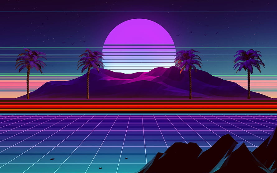 Neon Synthwave Sunset with Palm Trees and Retro Grid Landscape HD wallpaper