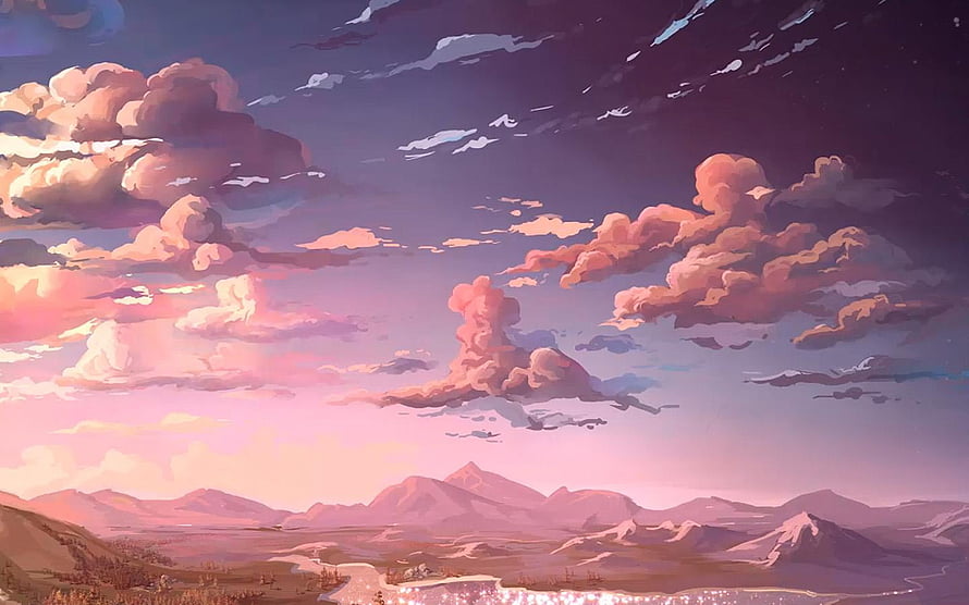Dreamy Digital Art Landscape with Soft Pink Clouds and Distant Mountains at Sunset HD wallpaper