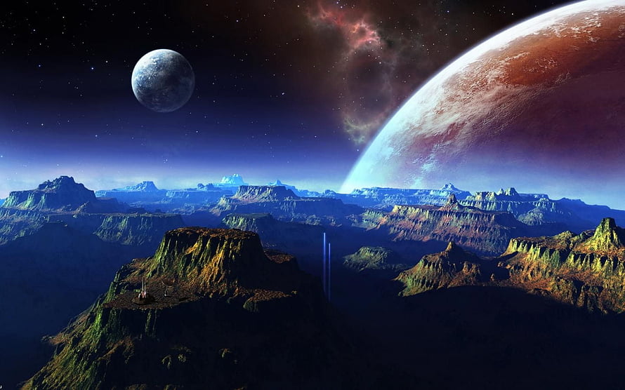 Alien Planet Landscape with Giant Gas Giant and Distant Moon in Deep Space HD wallpaper