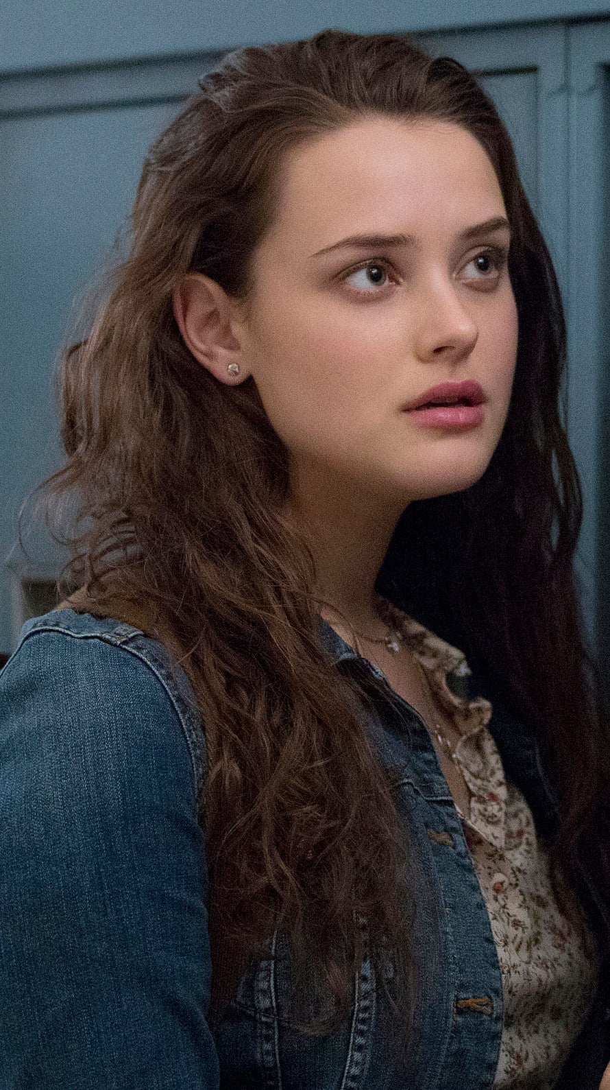 Katherine Langford in Denim Jacket and Floral Top with Long Wavy Hair HD phone wallpaper