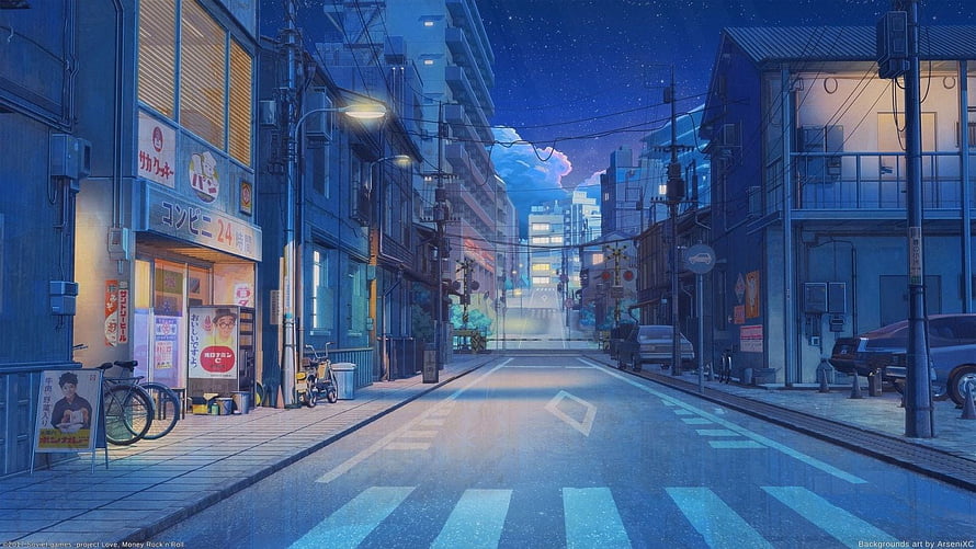 Lo-fi Anime Night Street Scene with Neon Signs and Starry Sky HD wallpaper