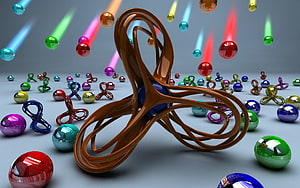 Abstract 3D Render of Glossy Brown Sculpture and Colorful Metallic Spheres HD wallpaper