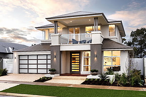 Modern Double Storey House Exterior With Glass Balcony And Landscaped Front Yard HD wallpaper