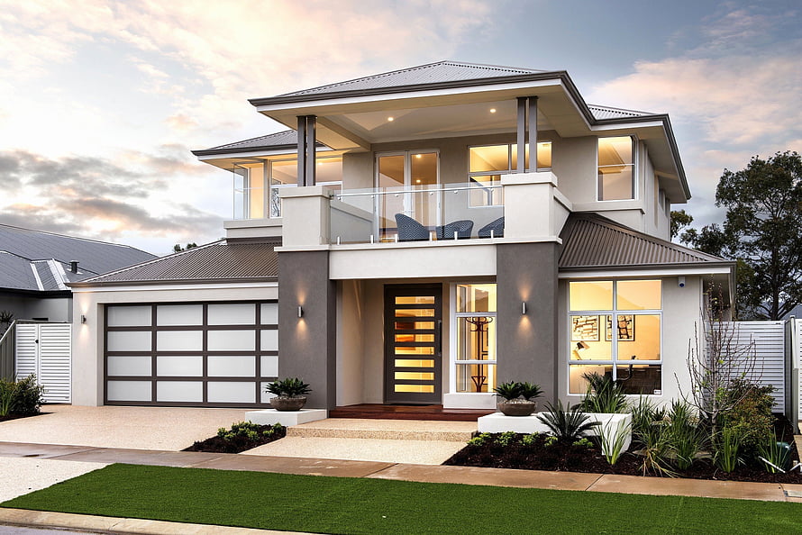 Modern Double Storey House Exterior With Glass Balcony And Landscaped Front Yard HD wallpaper