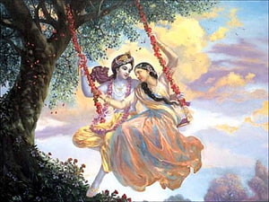 Radha Krishna on a Flower Swing in a Traditional Indian Painting HD wallpaper