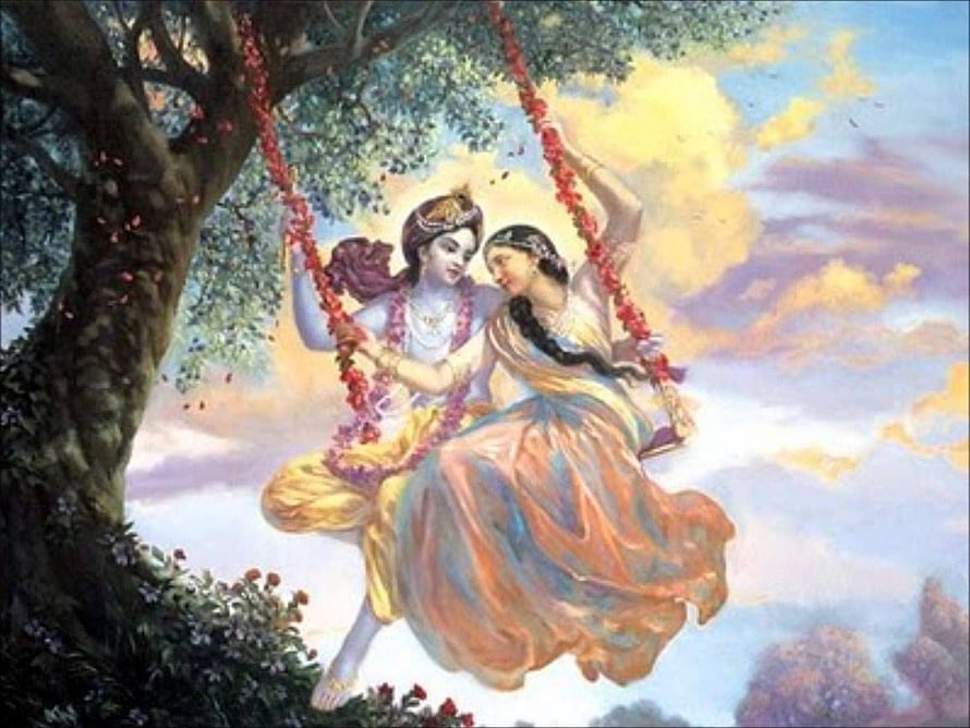 Radha Krishna on a Flower Swing in a Traditional Indian Painting HD wallpaper