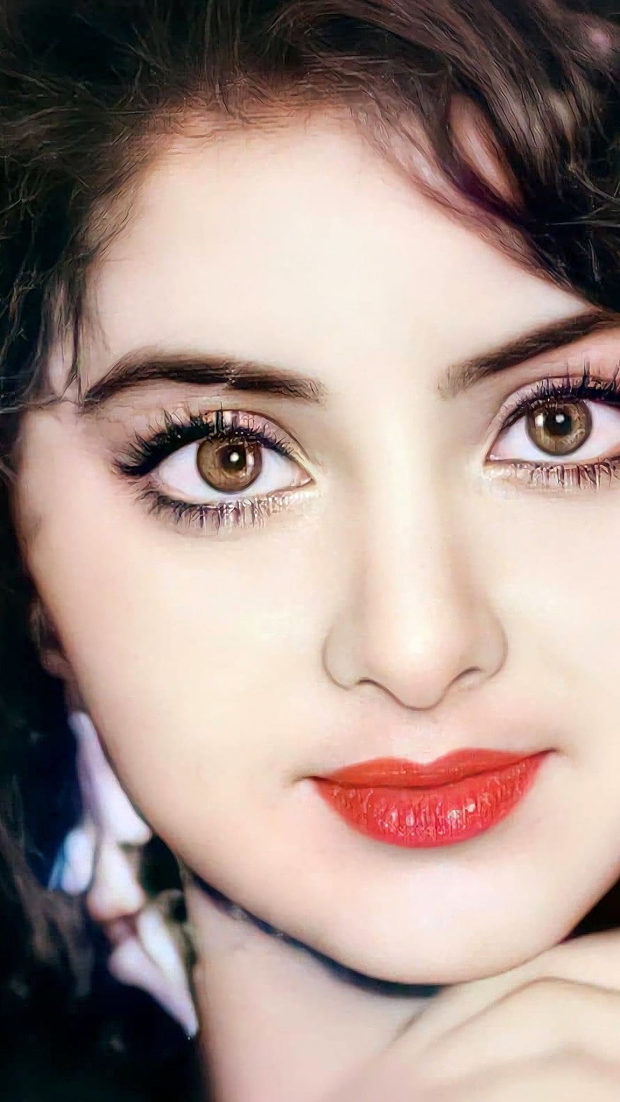 Divya Bharti Close-Up Portrait With Red Lipstick And Brown Eyes HD phone wallpaper