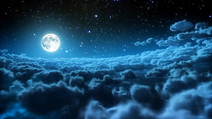 Full Moon Rising Above a Sea of Clouds Under a Starry Night Sky HD wallpaper