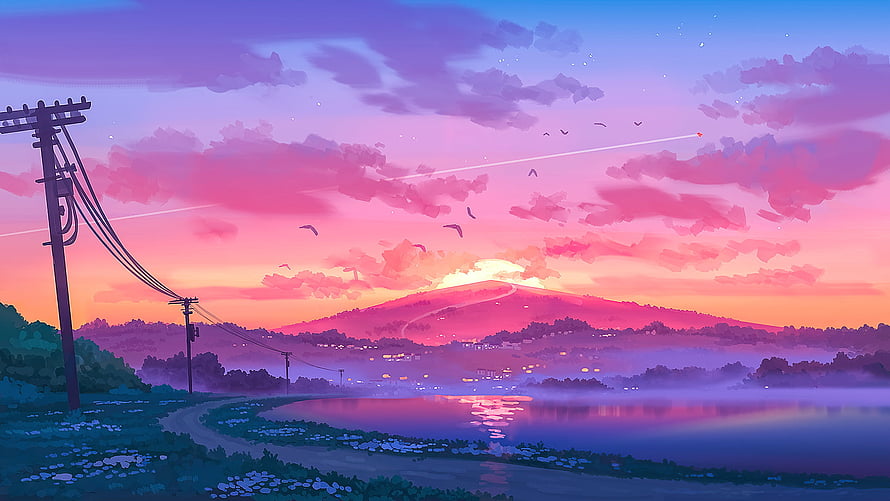 Vibrant Anime-Style Countryside Sunset with Lake, Hills, and Power Lines HD wallpaper