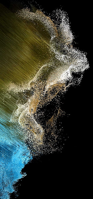 Samsung Galaxy S22 Ultra Abstract Particle Art Wallpaper with Gold and Blue Splashes on Black Background HD phone wallpaper