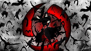 Madara Uchiha in Akatsuki Cloak Surrounded by Crows and Red Moon HD wallpaper