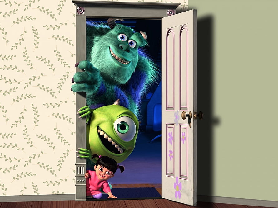 Monsters Inc Characters Peeking Through Doorway in 3D Animation Style HD wallpaper