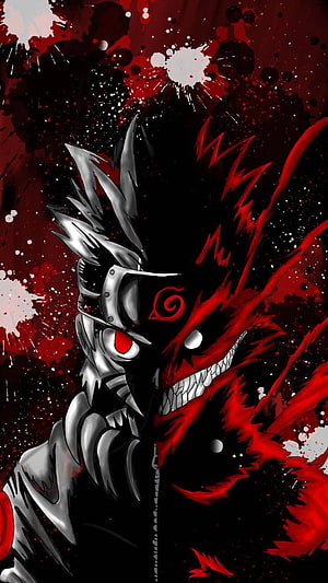 Naruto and Kurama Split Portrait with Red Chakra and Blood Splatter Art HD phone wallpaper