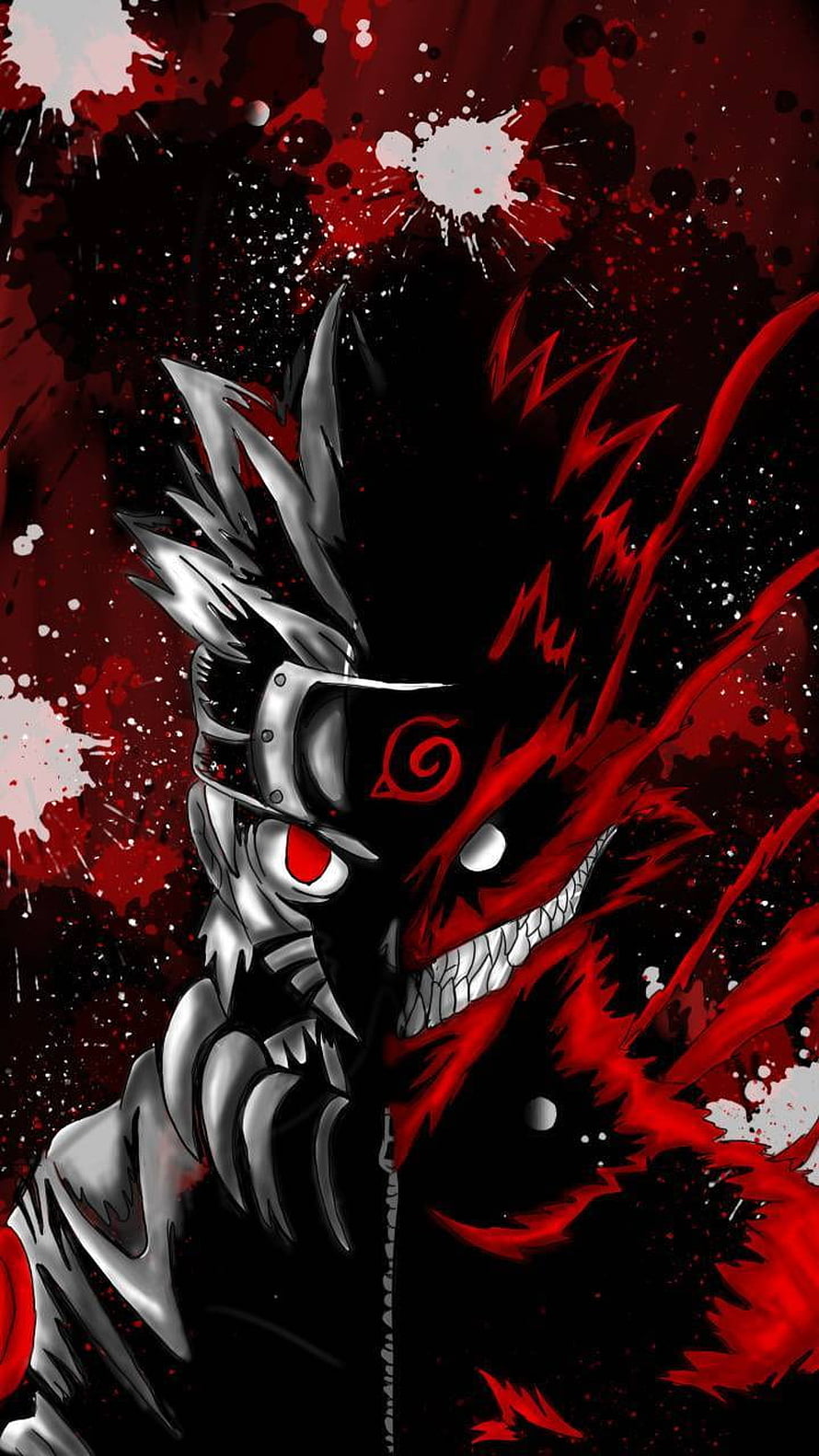 Naruto and Kurama Split Portrait with Red Chakra and Blood Splatter Art HD phone wallpaper