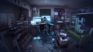 Hatsune Miku Sleeping at Desk in Cluttered Anime Bedroom with Multiple Monitors HD wallpaper
