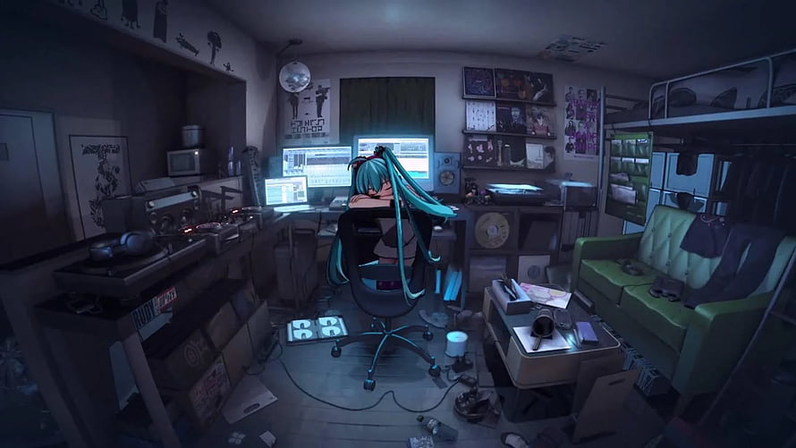 Hatsune Miku Sleeping at Desk in Cluttered Anime Bedroom with Multiple Monitors HD wallpaper