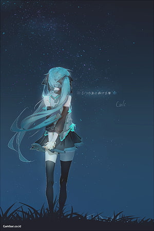 Hatsune Miku anime illustration standing under a starry night sky with long teal hair and dark outfit HD phone wallpaper