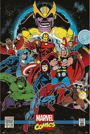 Vintage Marvel Comics Poster Featuring The Avengers And Thanos In Retro Comic Art Style HD phone wallpaper
