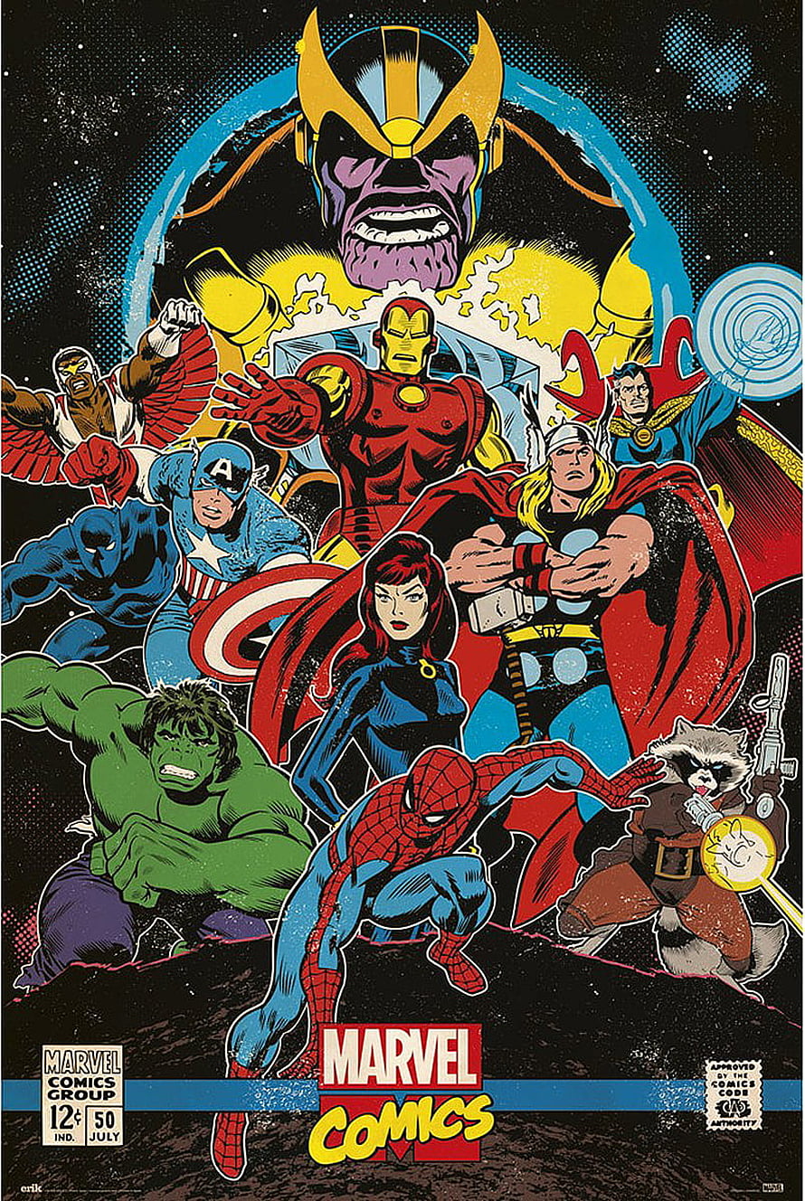 Vintage Marvel Comics Poster Featuring The Avengers And Thanos In Retro Comic Art Style HD phone wallpaper