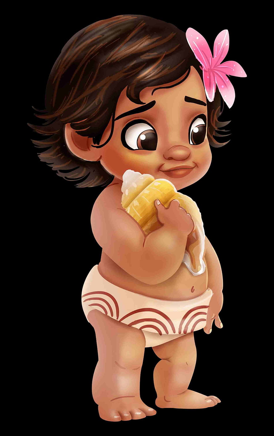 Cute Baby Moana Digital Illustration with Pink Flower and Seashell HD phone wallpaper