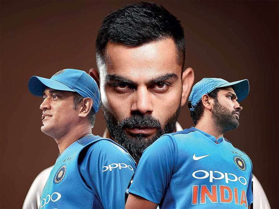 Virat Kohli, Rohit Sharma, and MS Dhoni in Indian Cricket Team Blue Jerseys HD wallpaper