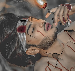 Injured Man With Cracked Skin Holding A Burning Rose In A Dark Fantasy Style, Alone Sad Broken Heart Boy Crying, Broken Couple HD wallpaper