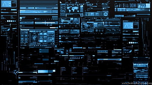Futuristic Cyberpunk HUD Interface with Blue Data Panels and World Map Display HD wallpaper