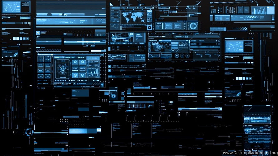 Futuristic Cyberpunk HUD Interface with Blue Data Panels and World Map Display HD wallpaper