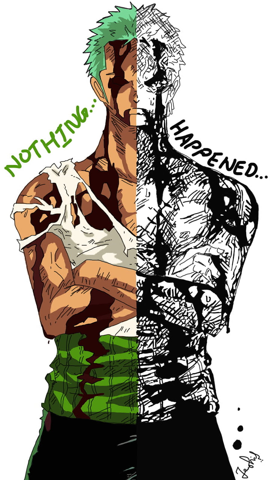 Roronoa Zoro Split Portrait with Bandaged Arm and Green Hair HD phone wallpaper