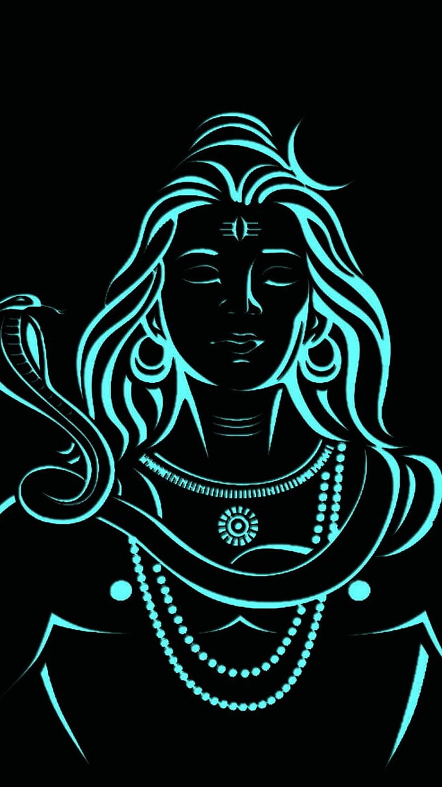 Neon Cyan Shiva Line Art Portrait with Cobra and Third Eye on Black Background HD phone wallpaper