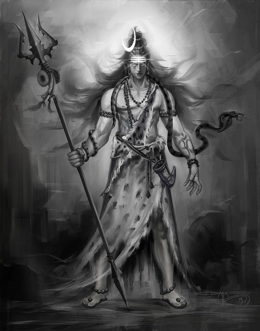 Monochrome Digital Painting of Lord Shiva with Trishula and Serpent HD phone wallpaper