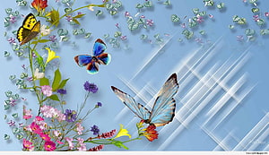 Vibrant 3D Butterflies and Wildflowers on a Soft Blue Background HD wallpaper