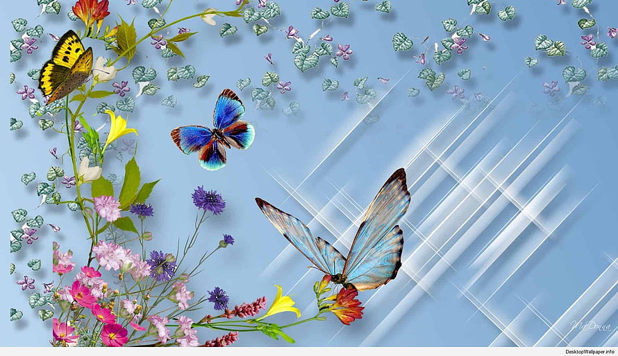 Vibrant 3D Butterflies and Wildflowers on a Soft Blue Background HD wallpaper