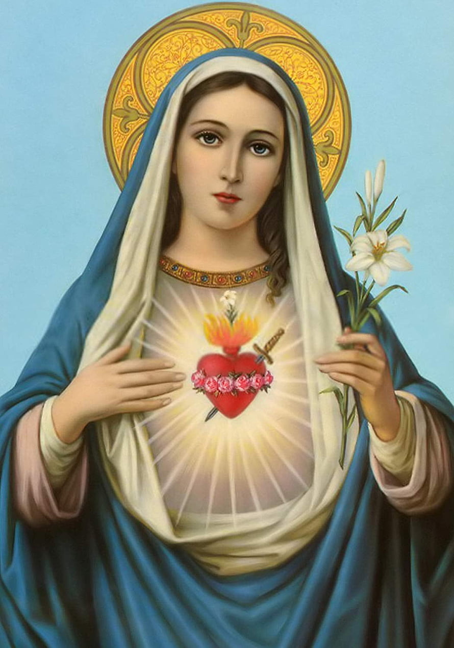 Immaculate Heart of Mary Religious Painting with Sacred Heart and Lilies HD phone wallpaper