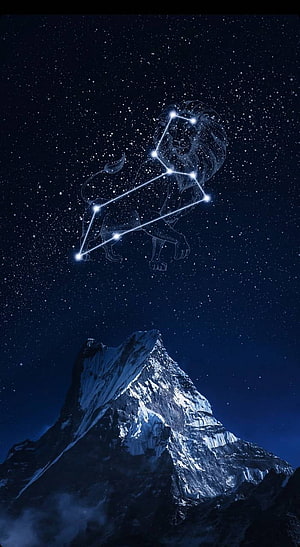 Leo Constellation Star Map Above Snow-Capped Mountain Peak at Night HD phone wallpaper
