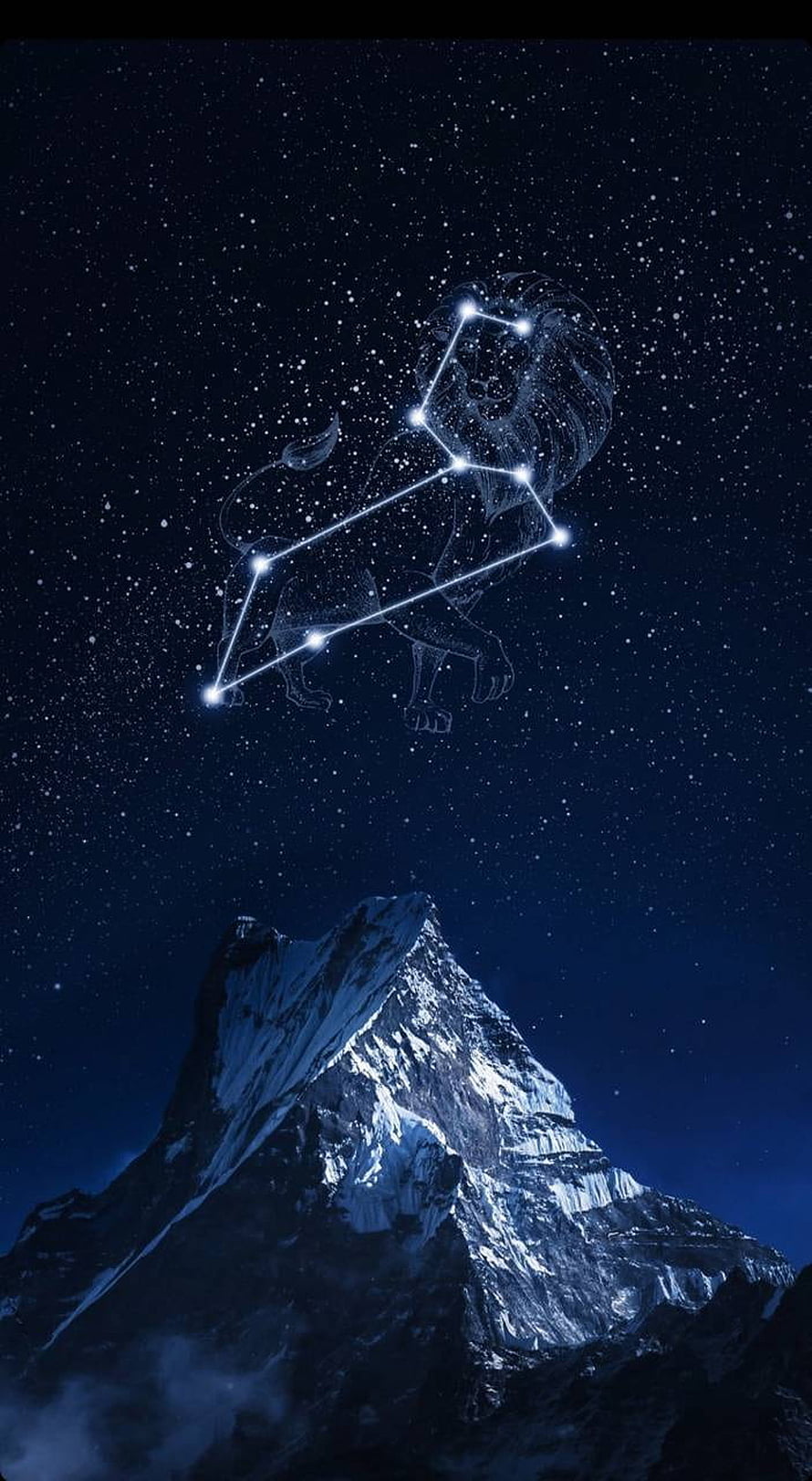 Leo Constellation Star Map Above Snow-Capped Mountain Peak at Night HD phone wallpaper