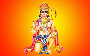 Lord Hanuman Kneeling in Prayer with Conch Shell and Golden Crown on Vibrant Orange Background, Lord Hanuman , Hanuman PC HD wallpaper