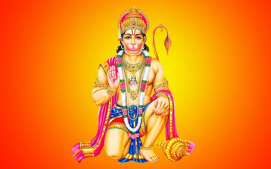 Lord Hanuman Kneeling in Prayer with Conch Shell and Golden Crown on Vibrant Orange Background HD wallpaper