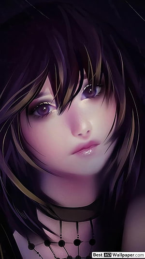 Melancholic Anime Girl Portrait with Dark Hair and Purple Eyes HD phone wallpaper