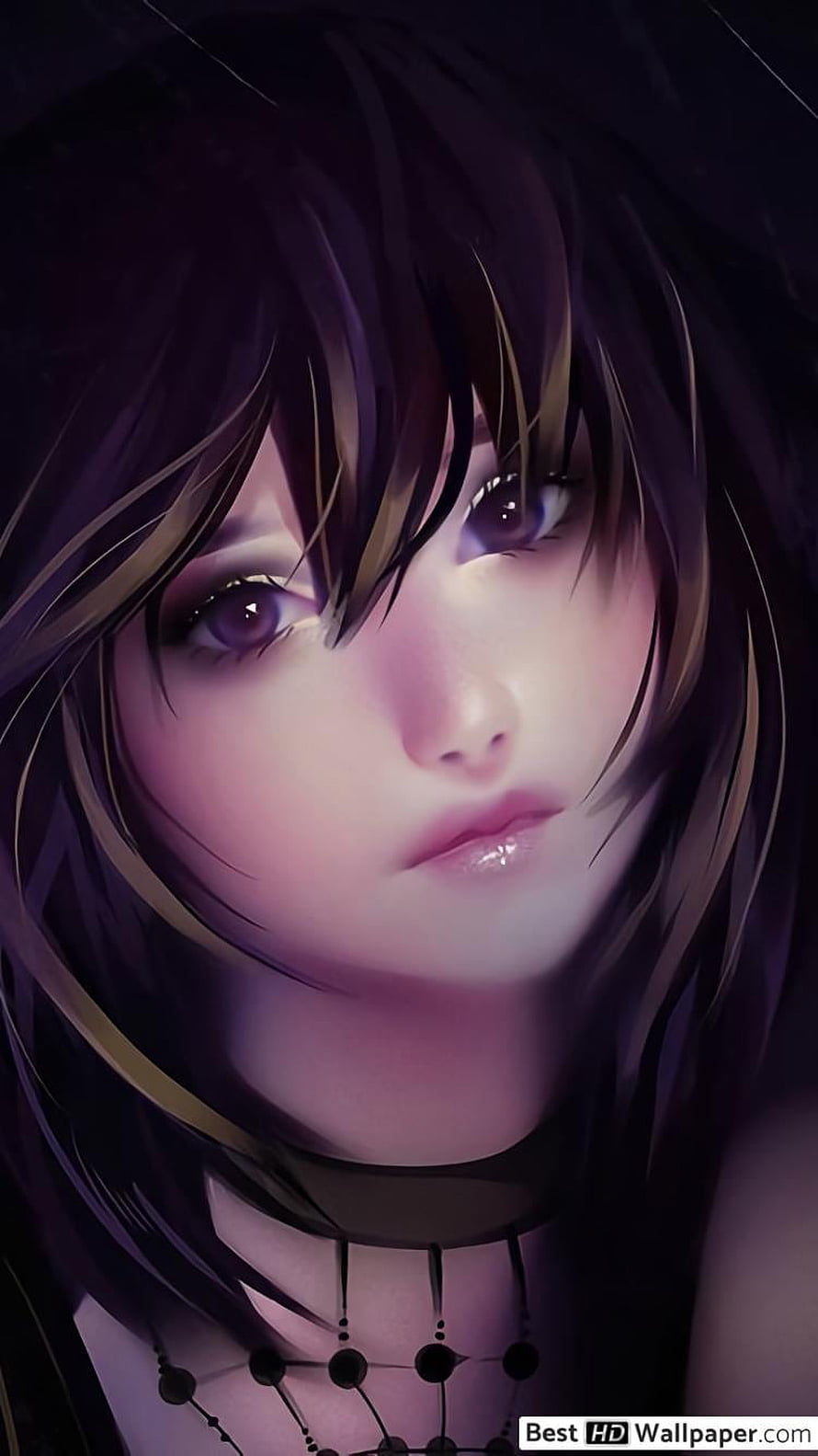 Melancholic Anime Girl Portrait with Dark Hair and Purple Eyes HD phone wallpaper