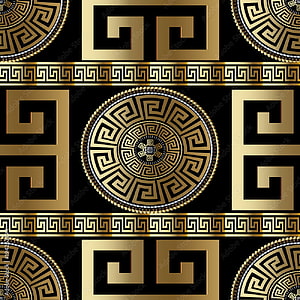Luxurious Gold Greek Key Meander Pattern with Ornate Circular Medallions on Black Background HD phone wallpaper