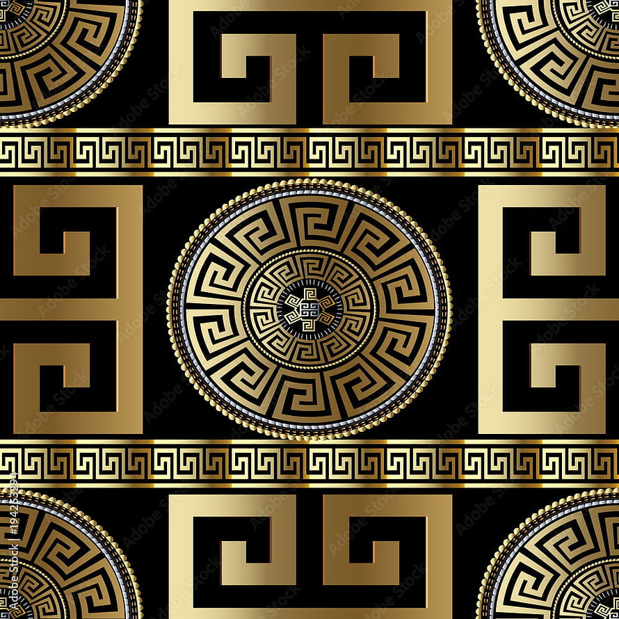 Luxurious Gold Greek Key Meander Pattern with Ornate Circular Medallions on Black Background HD phone wallpaper