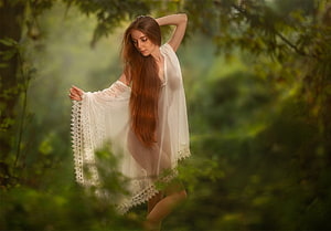 Ethereal Woman in White Lace Gown Standing in Misty Forest, Ethereal Beauty, nature, girl, ethereal, long hair, woman, graphy, art, beautiful, serene, fantasy HD wallpaper