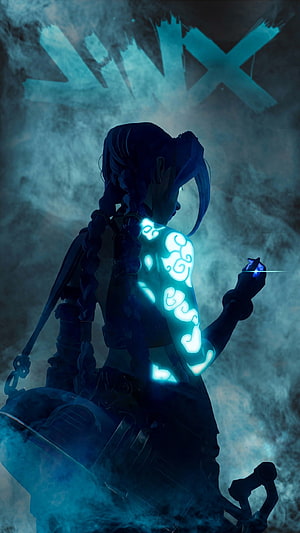 Jinx from Arcane with glowing tattoos and blue energy in a dark smoky scene HD phone wallpaper