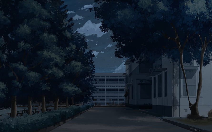 Serene Anime School Campus at Night with Starry Sky and Lush Trees HD wallpaper